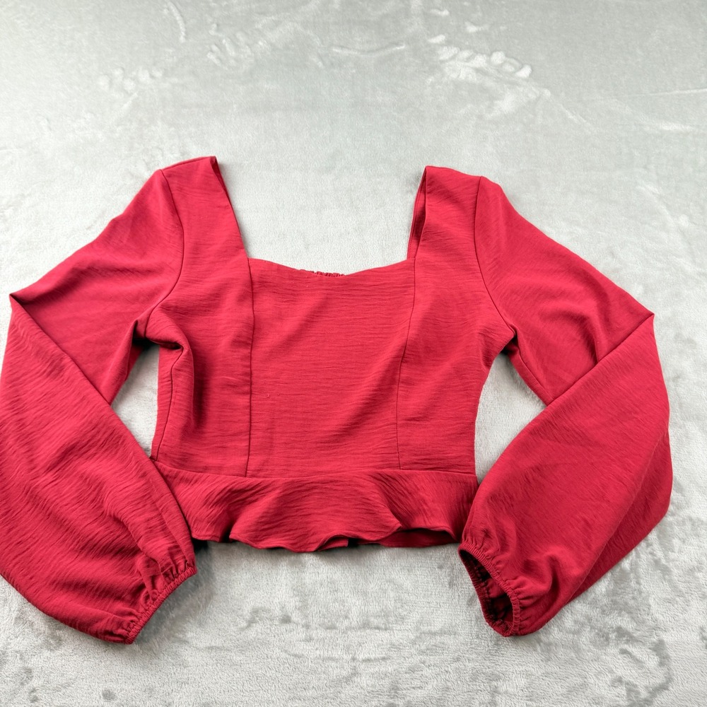 Altar'd State Red Peplum Blouse Women's S Long Sleeve Square Neck Smocked Back